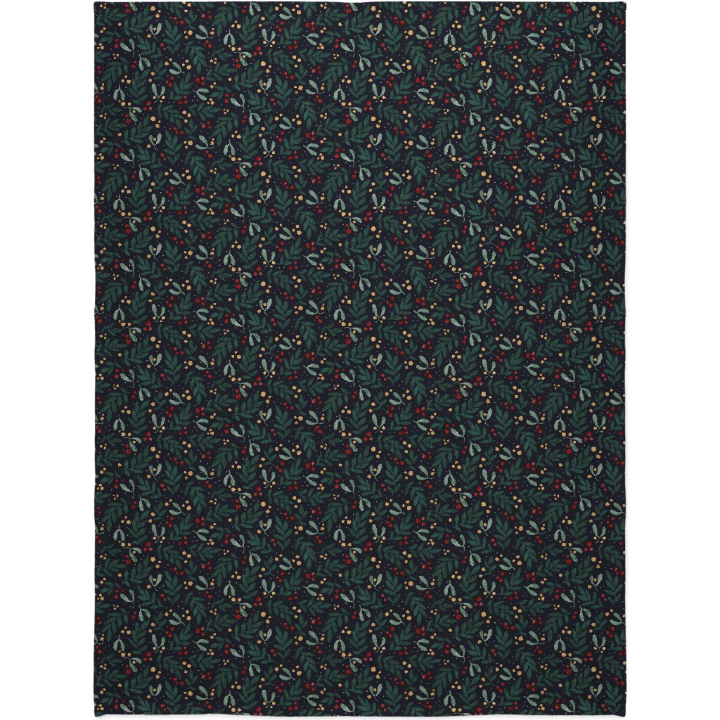 Christmas Berries - Dark Blanket, Plush Fleece, 60x80, Green