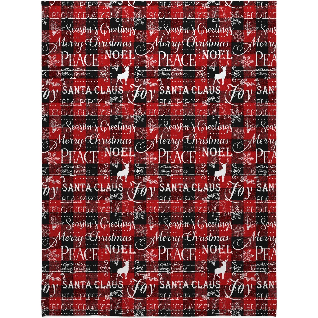 Buffalo Plaid Christmas Typography - Red and Black Blanket, Plush Fleece, 60x80, Red, Red