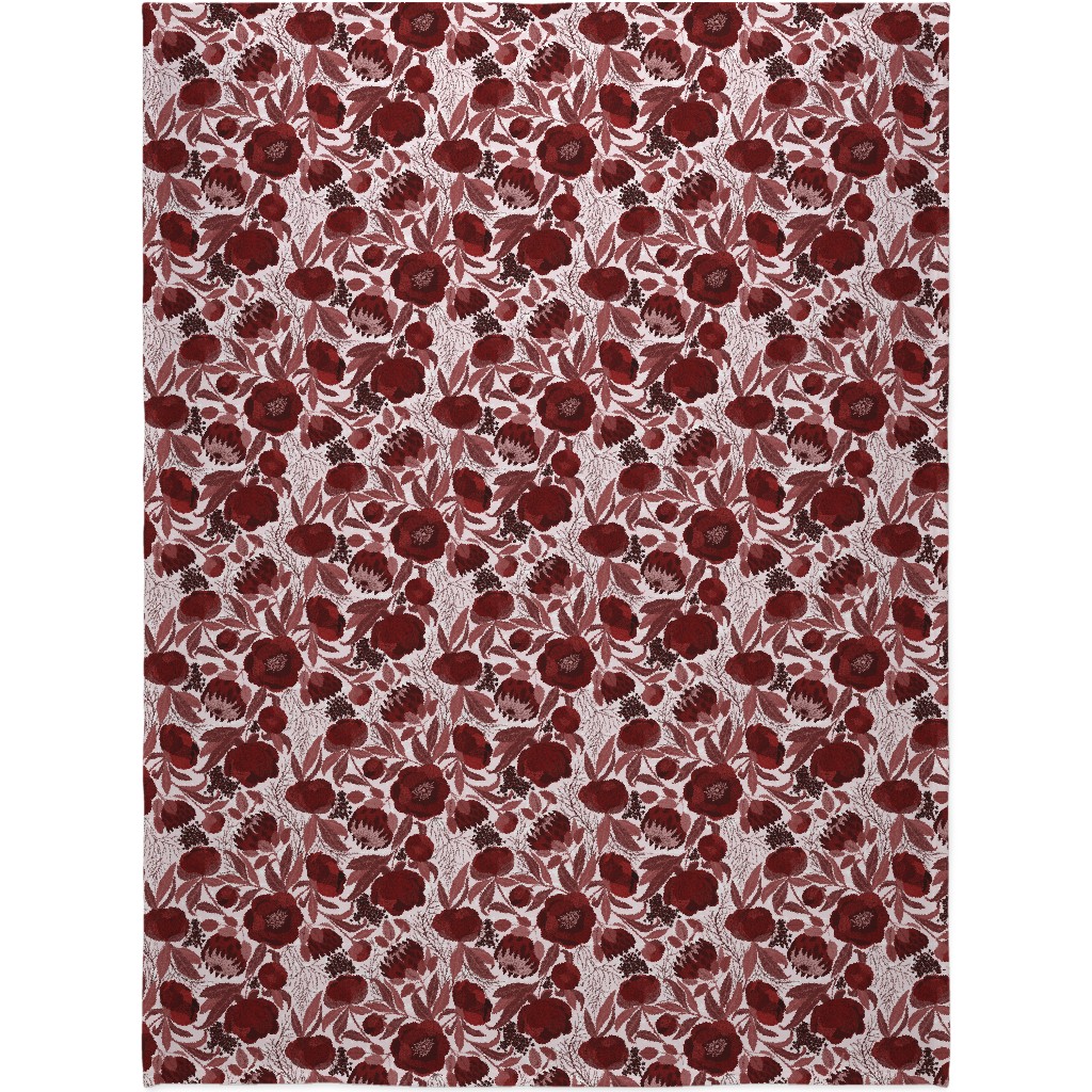 Peony and King Protea - Burgundy Blanket, Plush Fleece, 60x80, Red