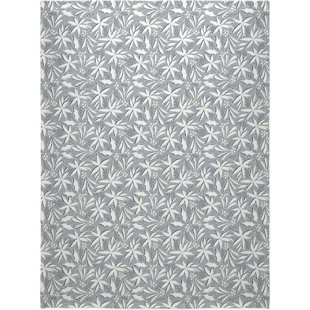 Poinsettia, Holly, & Mistletoe - White & Grey Blanket, Sherpa, 60x80, Gray