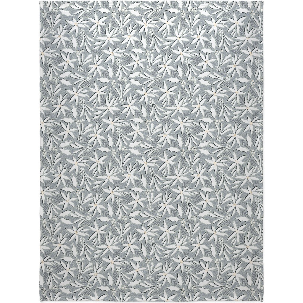 Poinsettia, Holly, & Mistletoe - White & Grey Blanket, Sherpa, 60x80, Gray, Gray