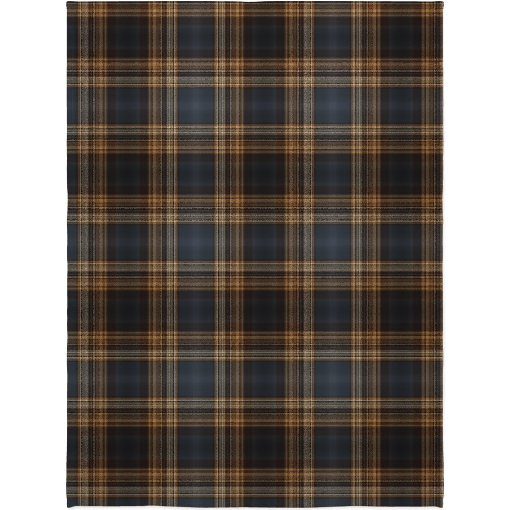 Fine Line Plaid - Dark Blue and Brown Blanket, Sherpa, 60x80, Brown