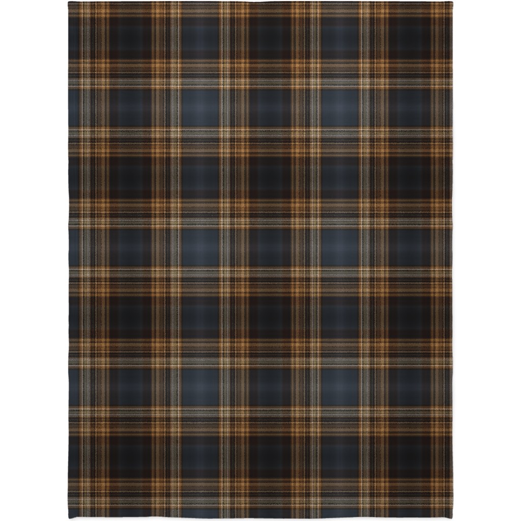 Fine Line Plaid - Dark Blue and Brown Blanket, Sherpa, 60x80, Brown, Brown