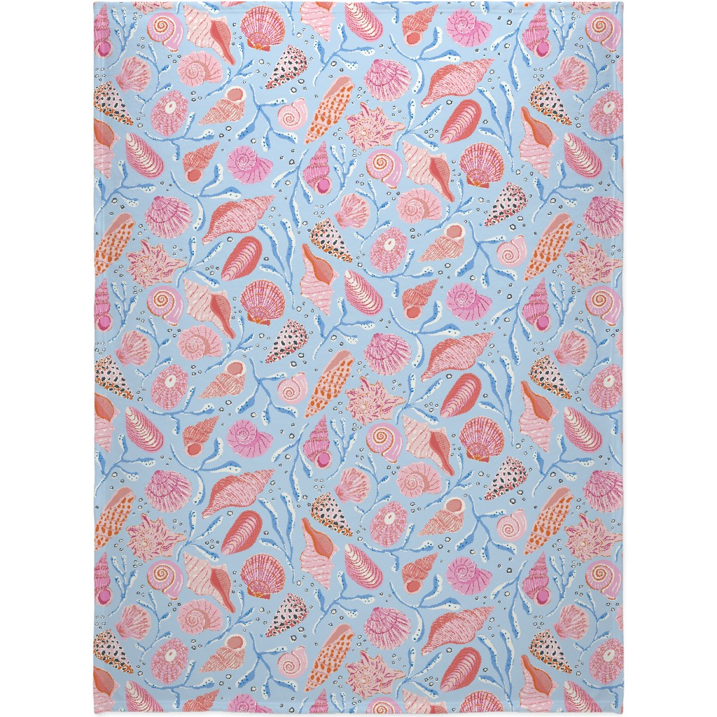 Seashells - Pink on Blue Blanket, Sherpa, 60x80, Blue