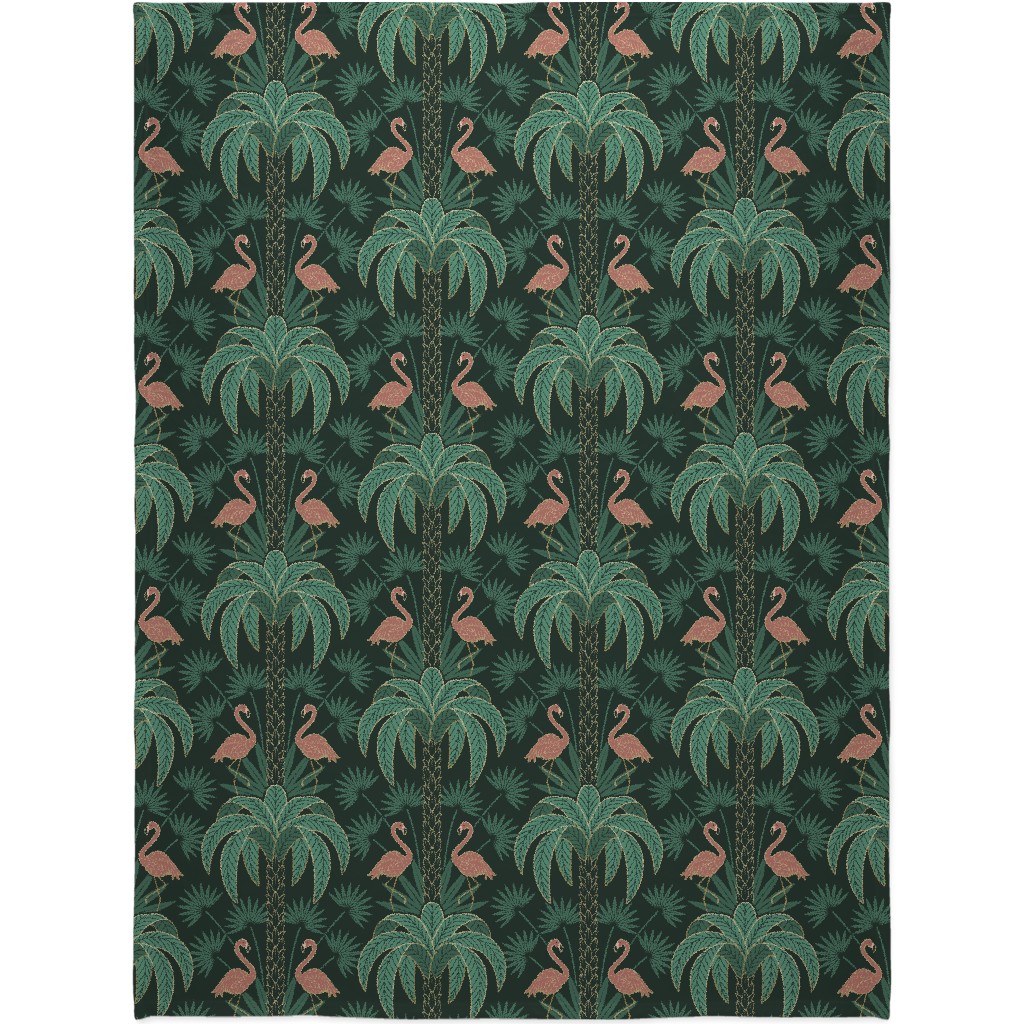 Art Deco Palm Trees and Flamingos Damask - Green and Pink Blanket, Sherpa, 60x80, Green, Classic Green