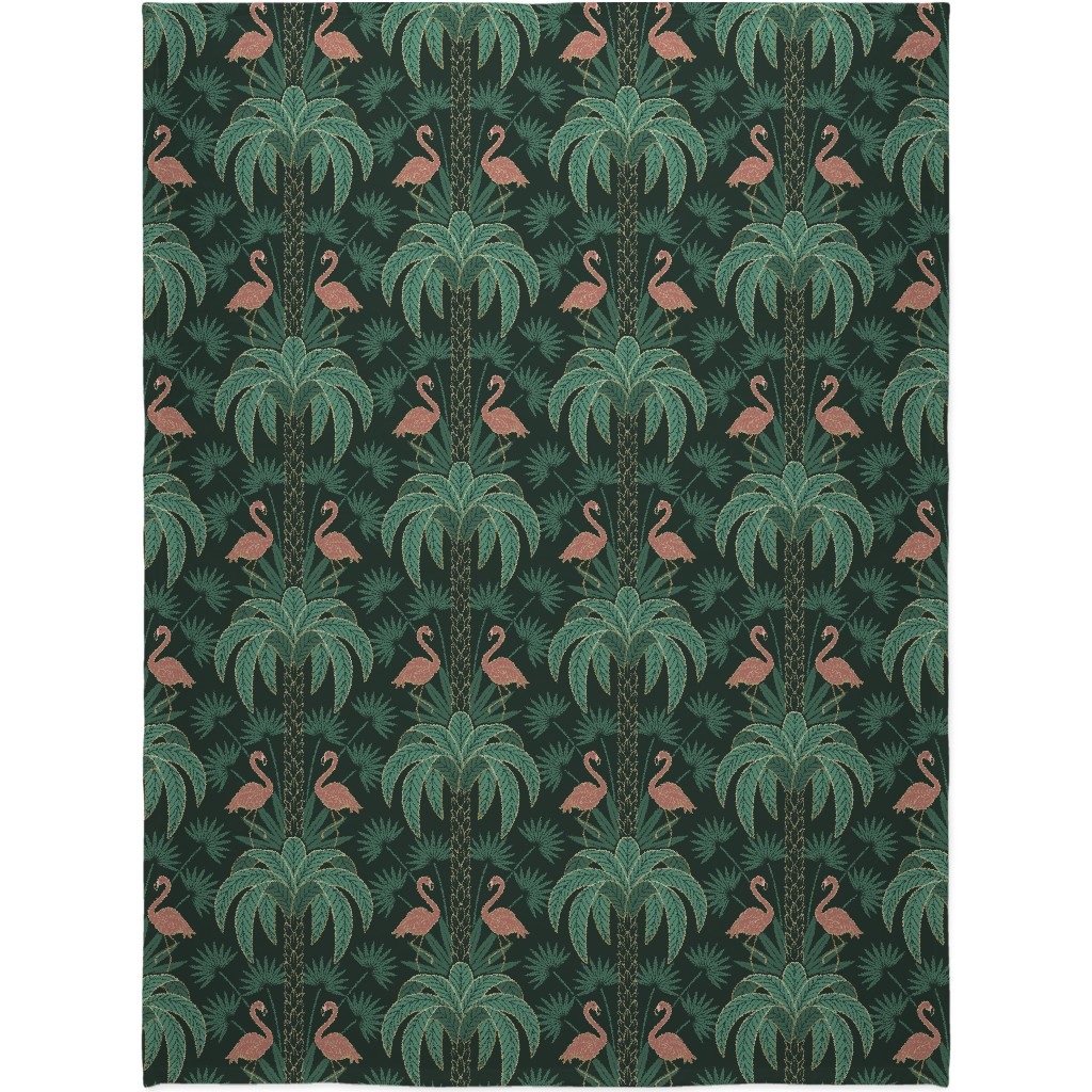 Art Deco Palm Trees and Flamingos Damask - Green and Pink Blanket, Sherpa, 60x80, Green