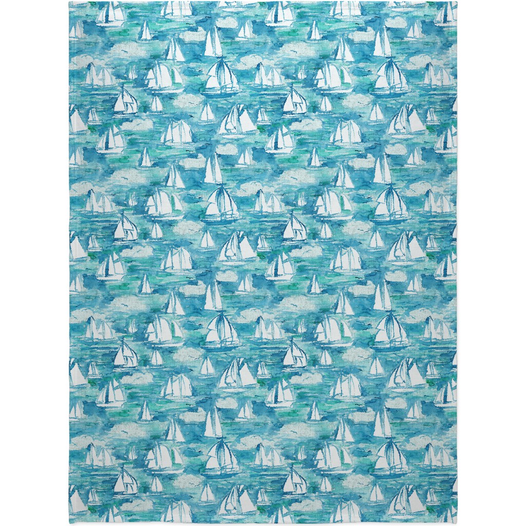 Sailboats Sailing Watercolor Loosely Painted - Blue Blanket, Sherpa, 60x80, Blue, True Blue