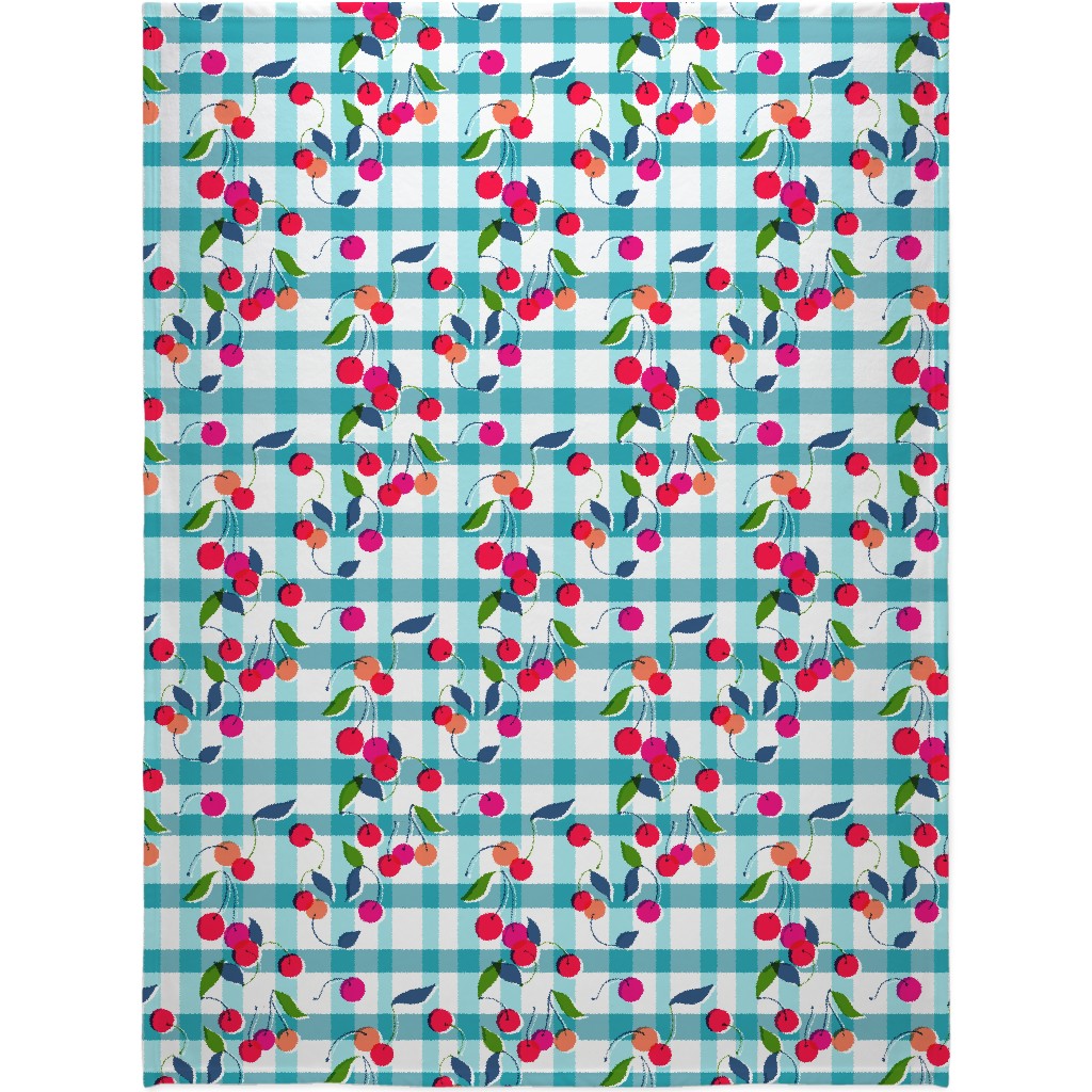Gingham Cherry - Blue Blanket, Sherpa, 60x80, Blue, True Blue