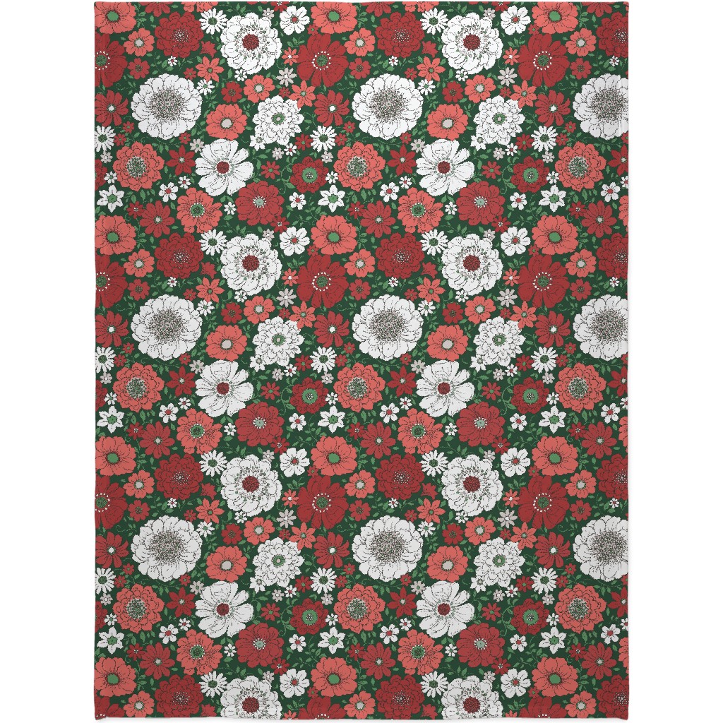 Camilla Retro Floral Christmas - Red and Green Blanket, Sherpa, 60x80, Multicolor