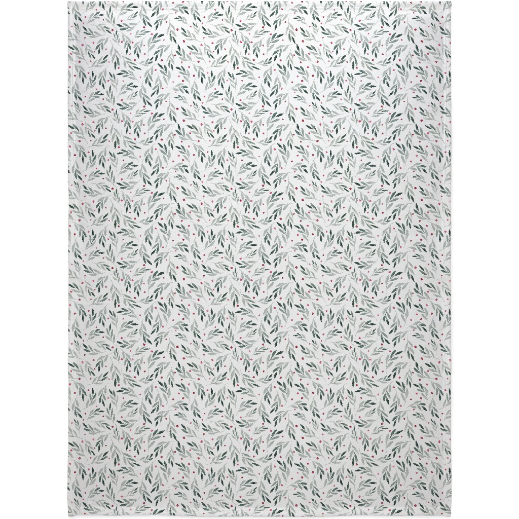 Festive Christmas Green Leaves & Red Berries Blanket, Sherpa, 60x80, White, White