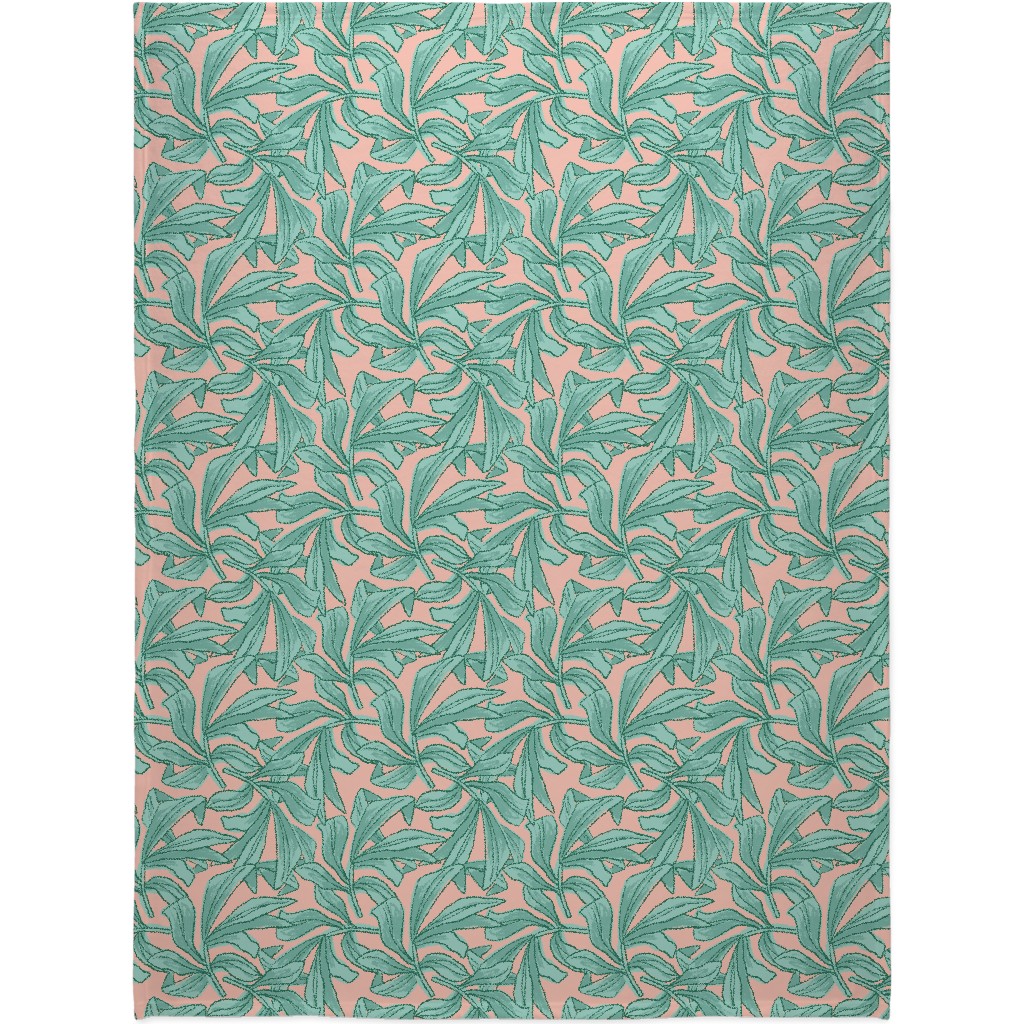 Lush Tropical Leaves - Pink and Mint Blanket, Sherpa, 60x80, Green