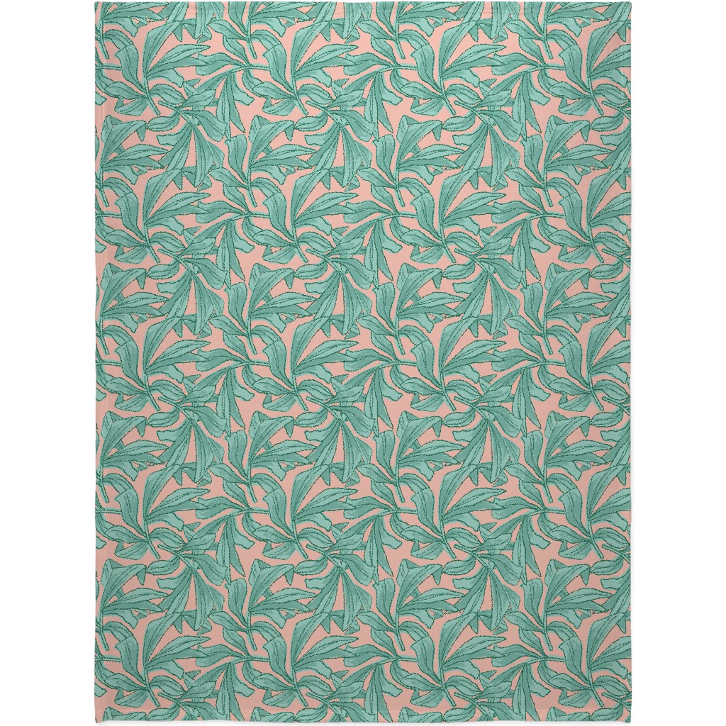 Lush Tropical Leaves - Pink and Mint Blanket, Sherpa, 60x80, Green, Classic Green