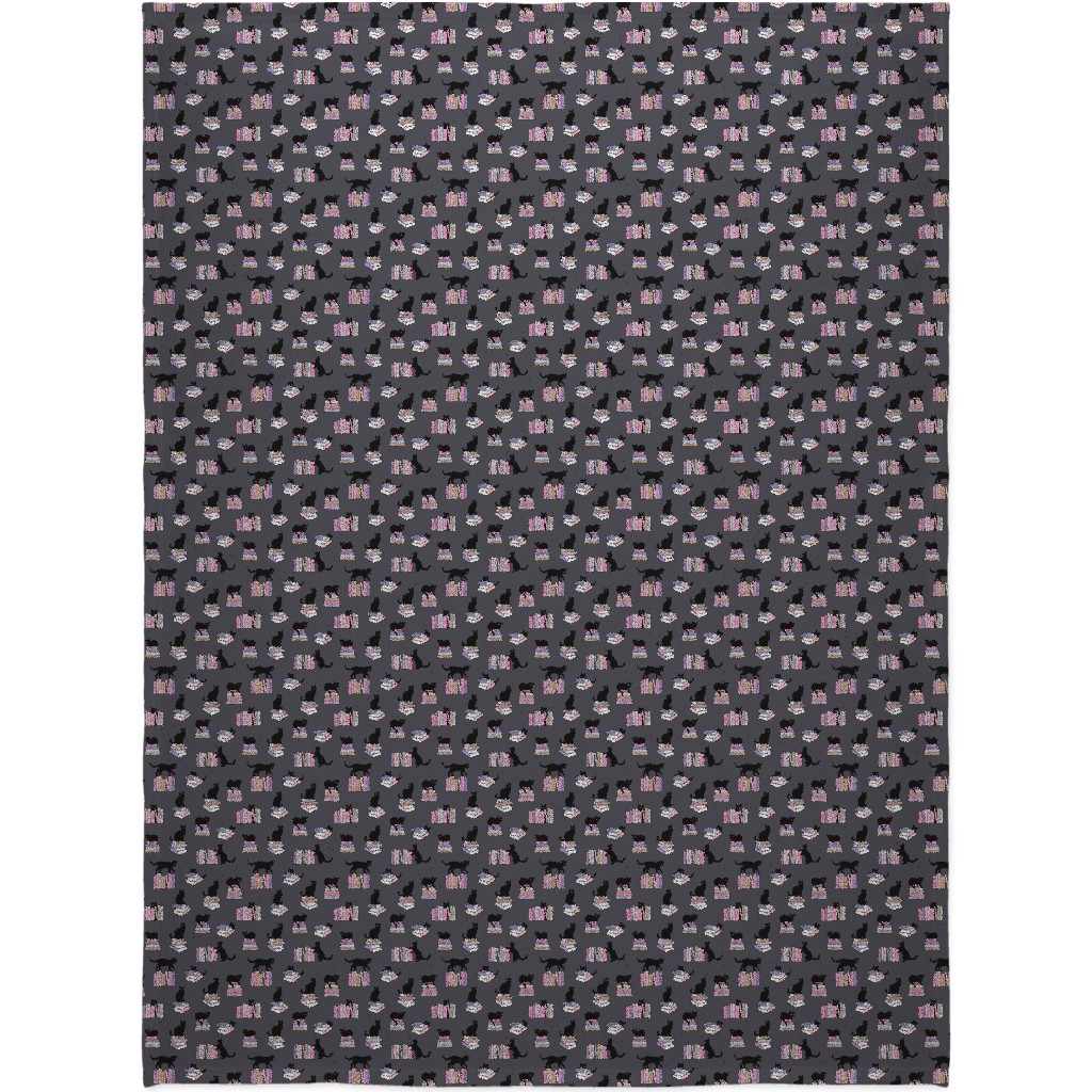 Cats and Books Blanket, Sherpa, 60x80, Gray, Slate