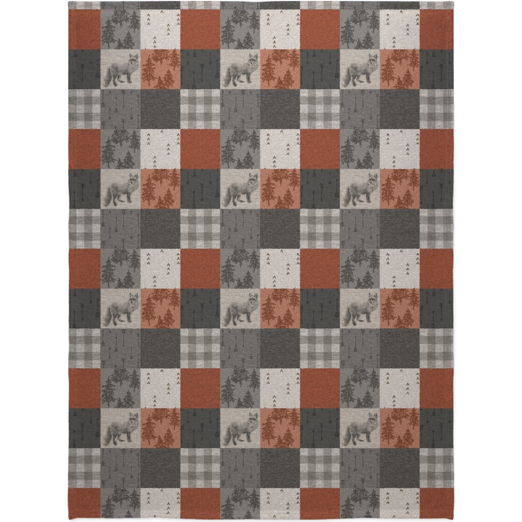 Fox and Arrows - Rust and Grey Blanket, Sherpa, 60x80, Gray