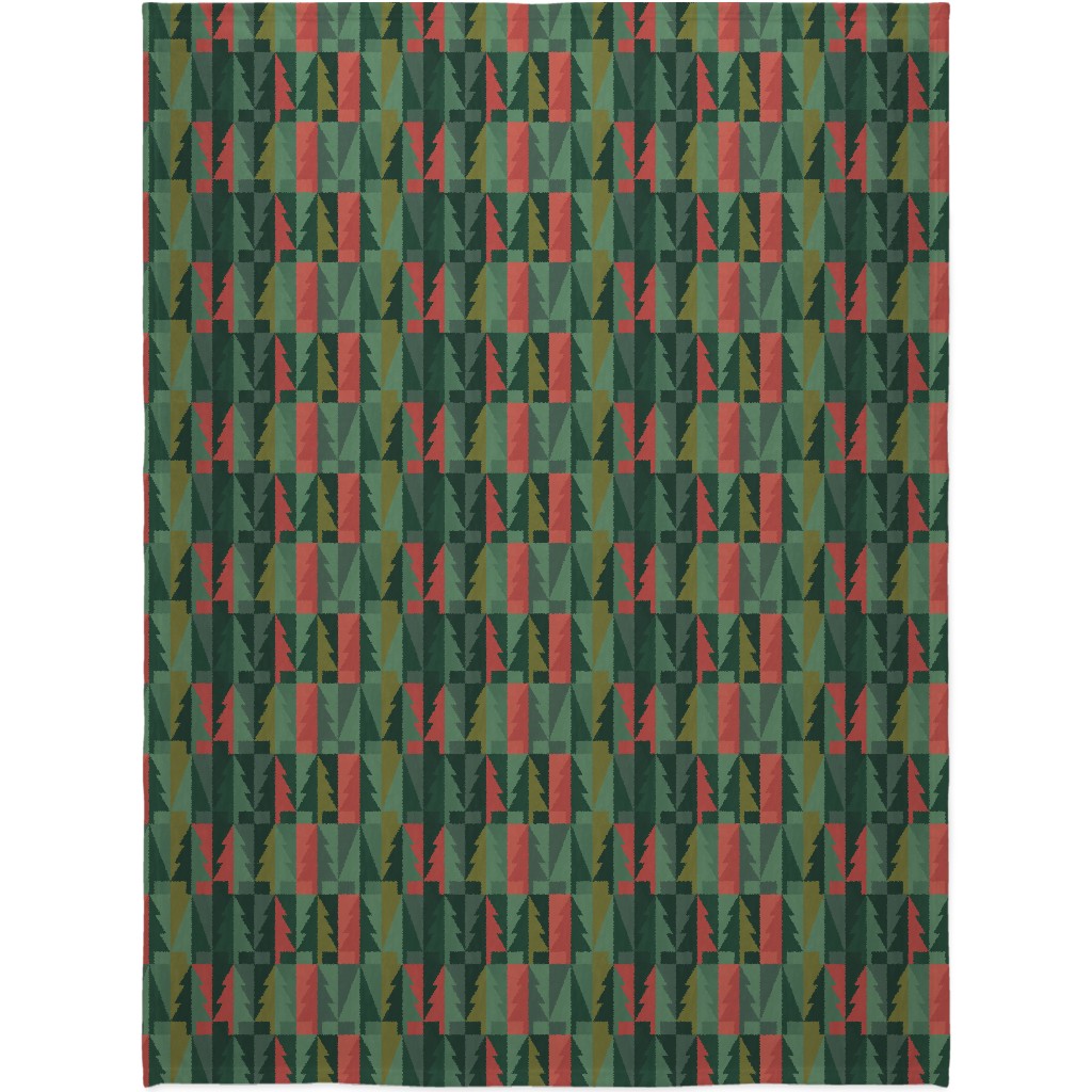 Geometric Forest - Red and Green Blanket, Sherpa, 60x80, Green