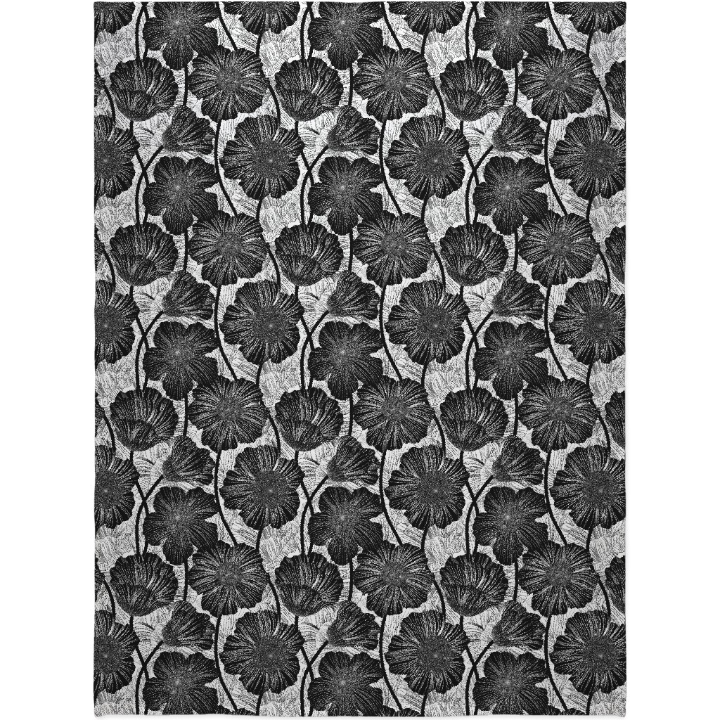 Mid Century Modern Floral - Black and White Blanket, Sherpa, 60x80, Black, Black