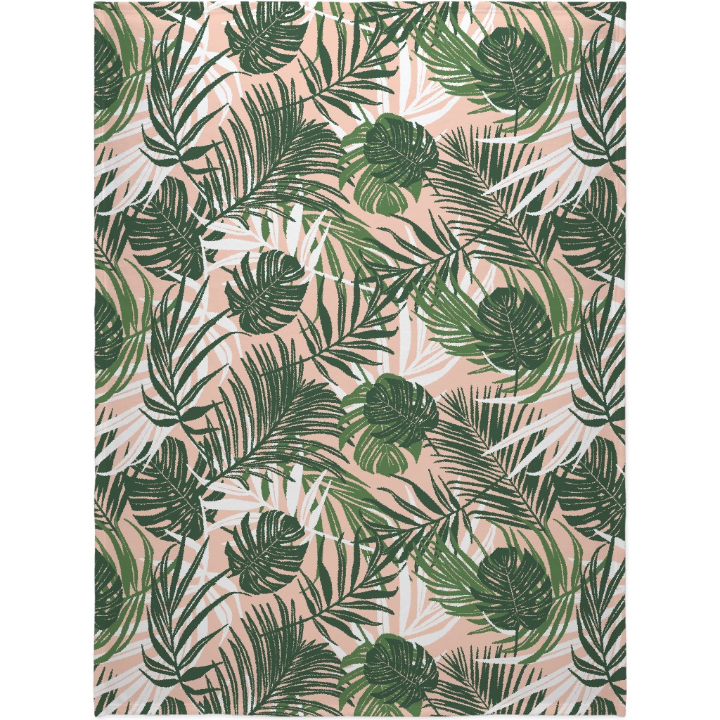 Hideaway Tropical Palm Leaves - Blush Pink Blanket, Sherpa, 60x80, Green