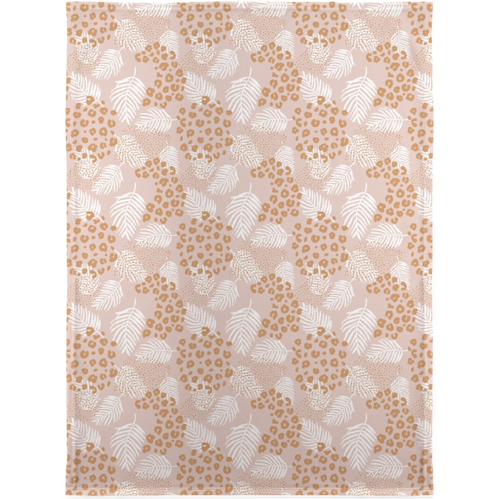 Palm Leaves and Animal Panther Spots - Beige Blanket, Fleece, 30x40, Pink, Bright Pink