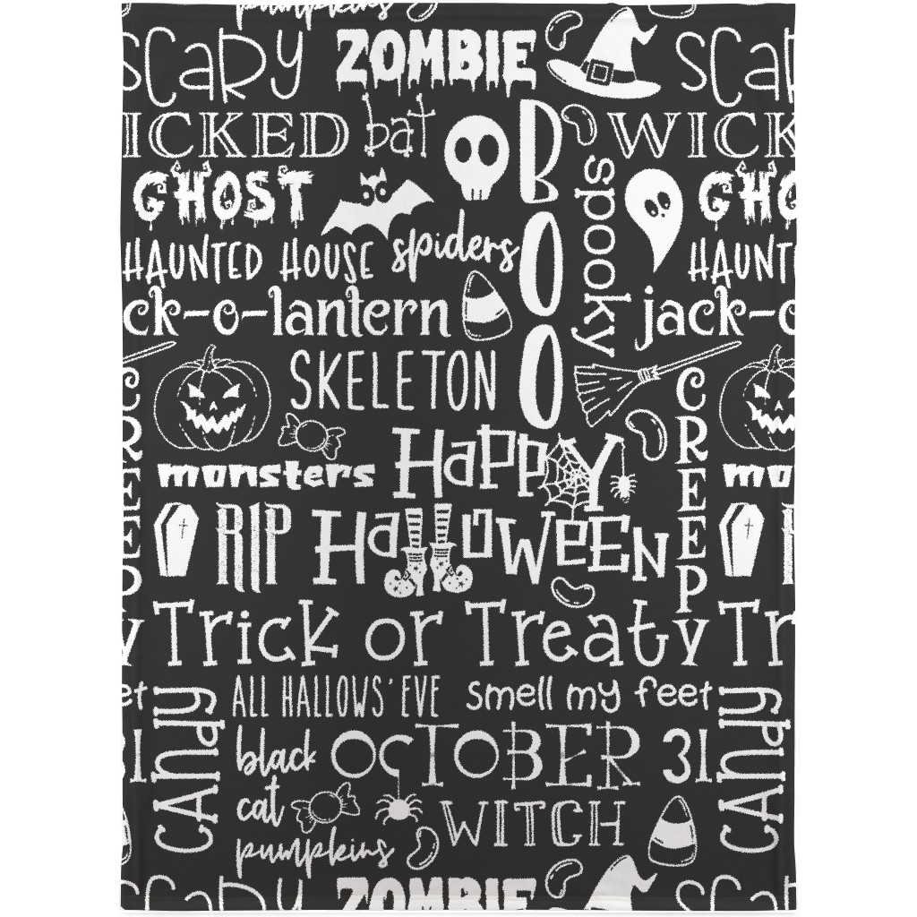 Halloween Typography - White on Grey Blanket, Fleece, 30x40, Black