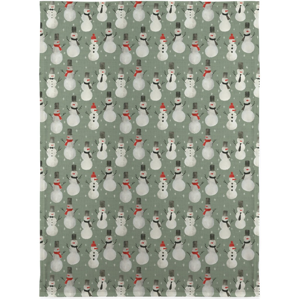 Watercolor Snowmen on Sage Blanket, Fleece, 30x40, Green