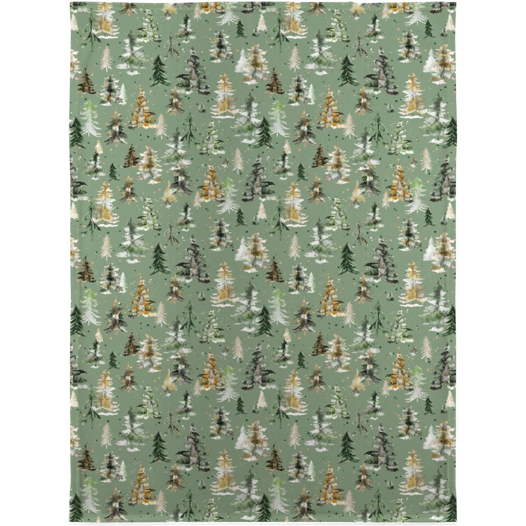Watercolor Pines and Spruces Christmas - Green Blanket, Fleece, 30x40, Green, Classic Green