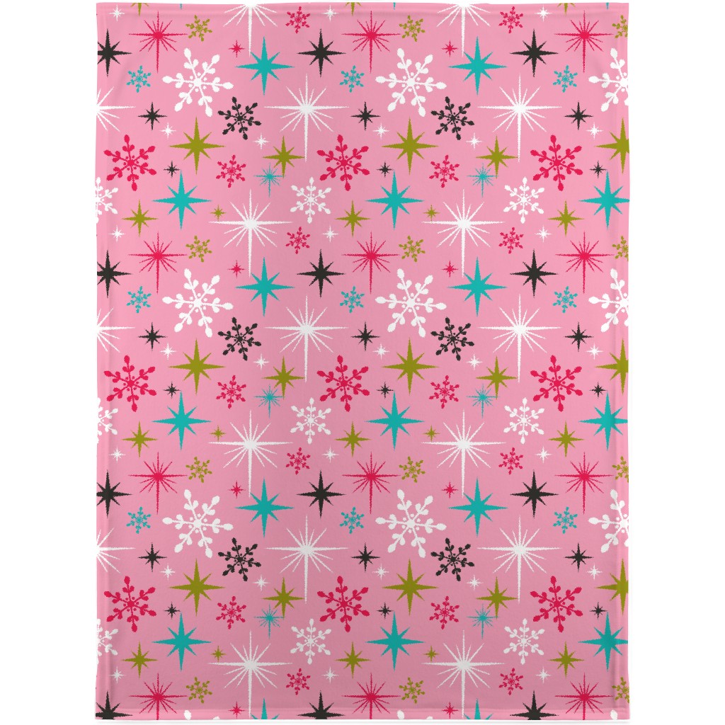 Stardust Retro Christmas Snowflakes and Stars - Pink Blanket, Fleece, 30x40, Pink