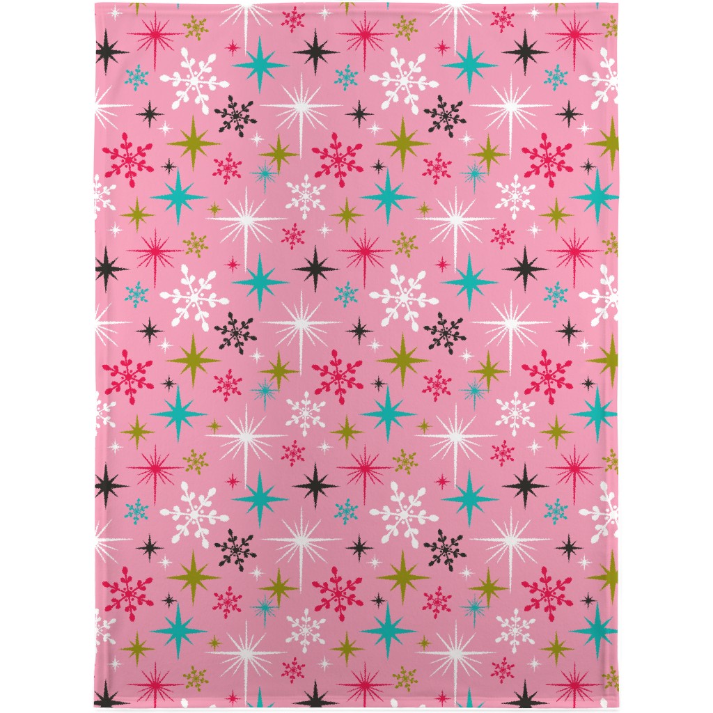 Stardust Retro Christmas Snowflakes and Stars - Pink Blanket, Fleece, 30x40, Pink, Bright Pink
