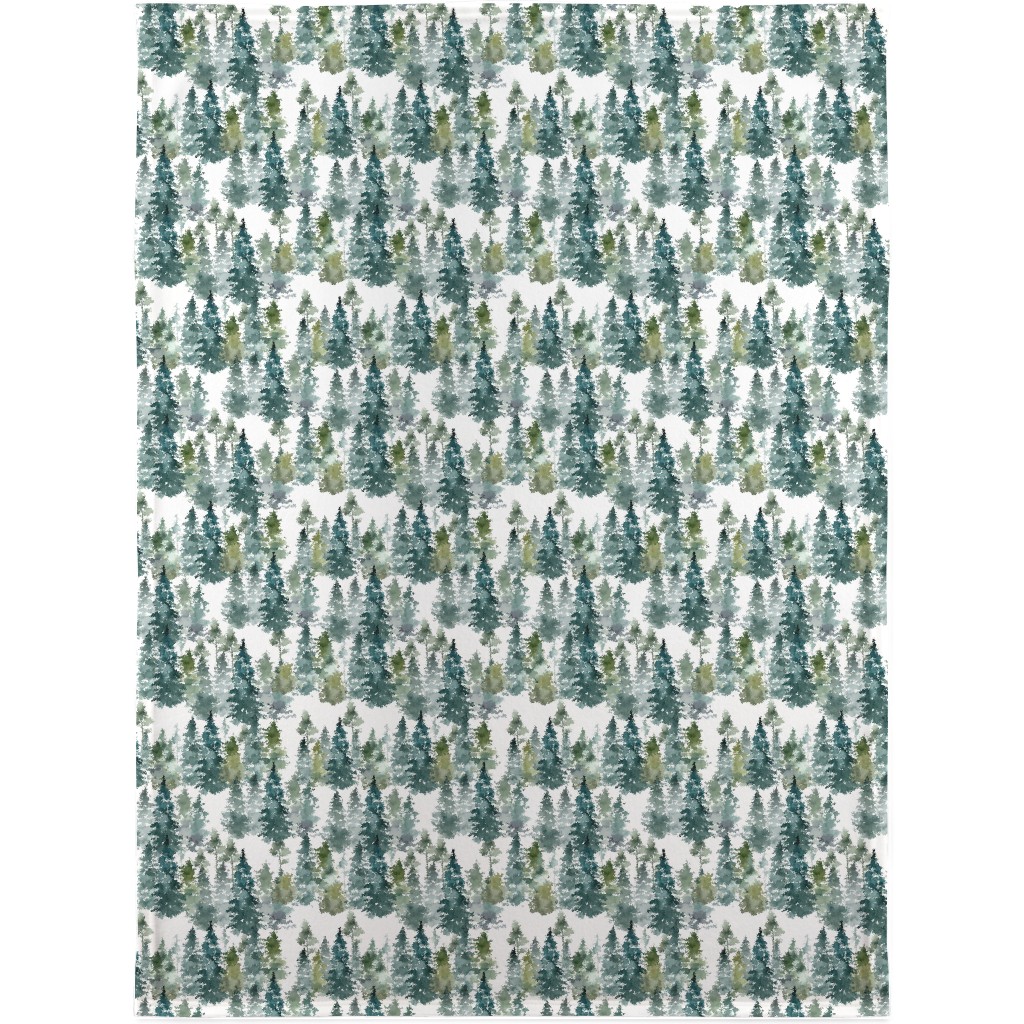 Woodland Trees Watercolor - White Blanket, Fleece, 30x40, Green, Classic Green