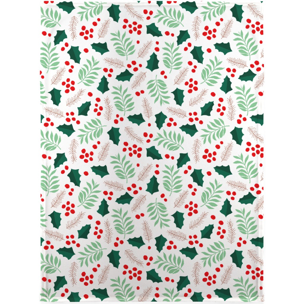 Botanical Christmas Garden Pine Leaves Holly Branch Berries - Green and Red Blanket, Fleece, 30x40, Green, Classic Green