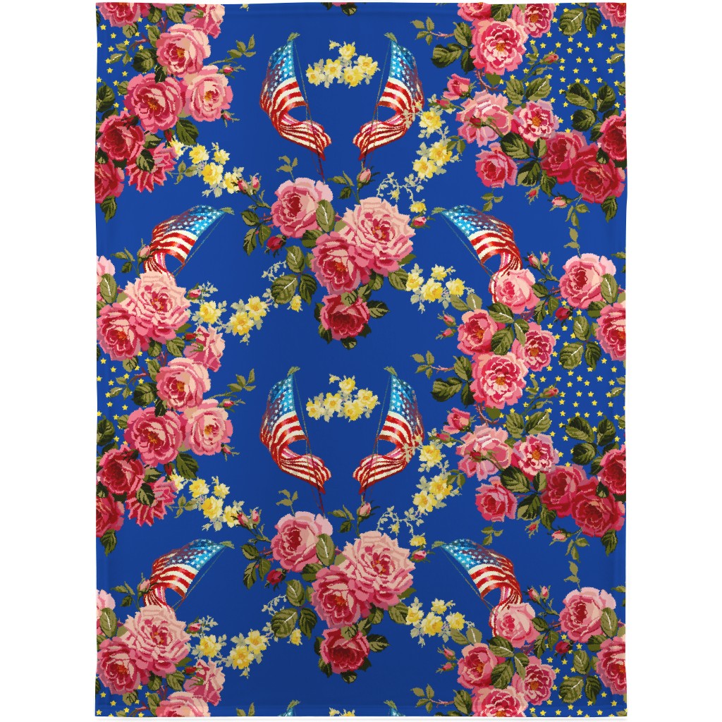 Americana Summer Roses - Blue Blanket, Fleece, 30x40, Blue