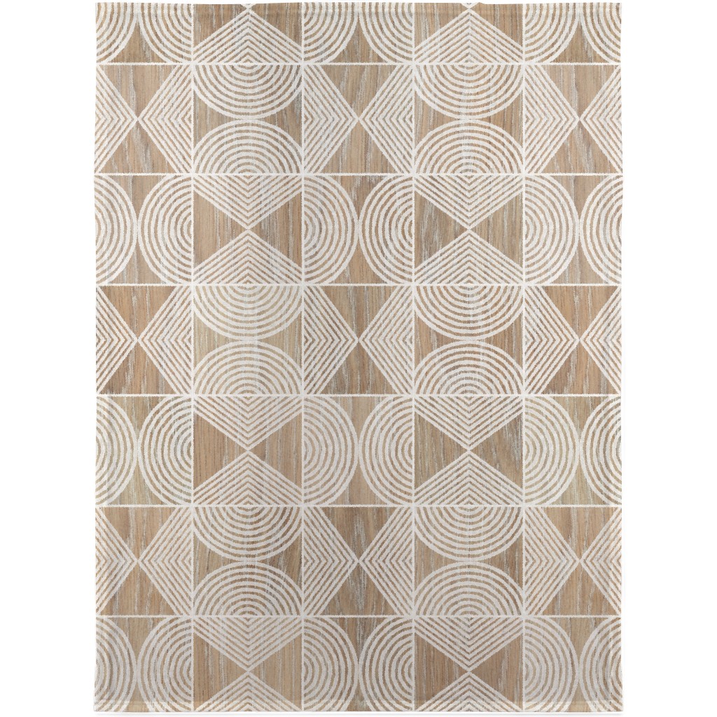 Boho Tribal Woodcut Geometric Shapes Blanket, Fleece, 30x40, Beige, Rye