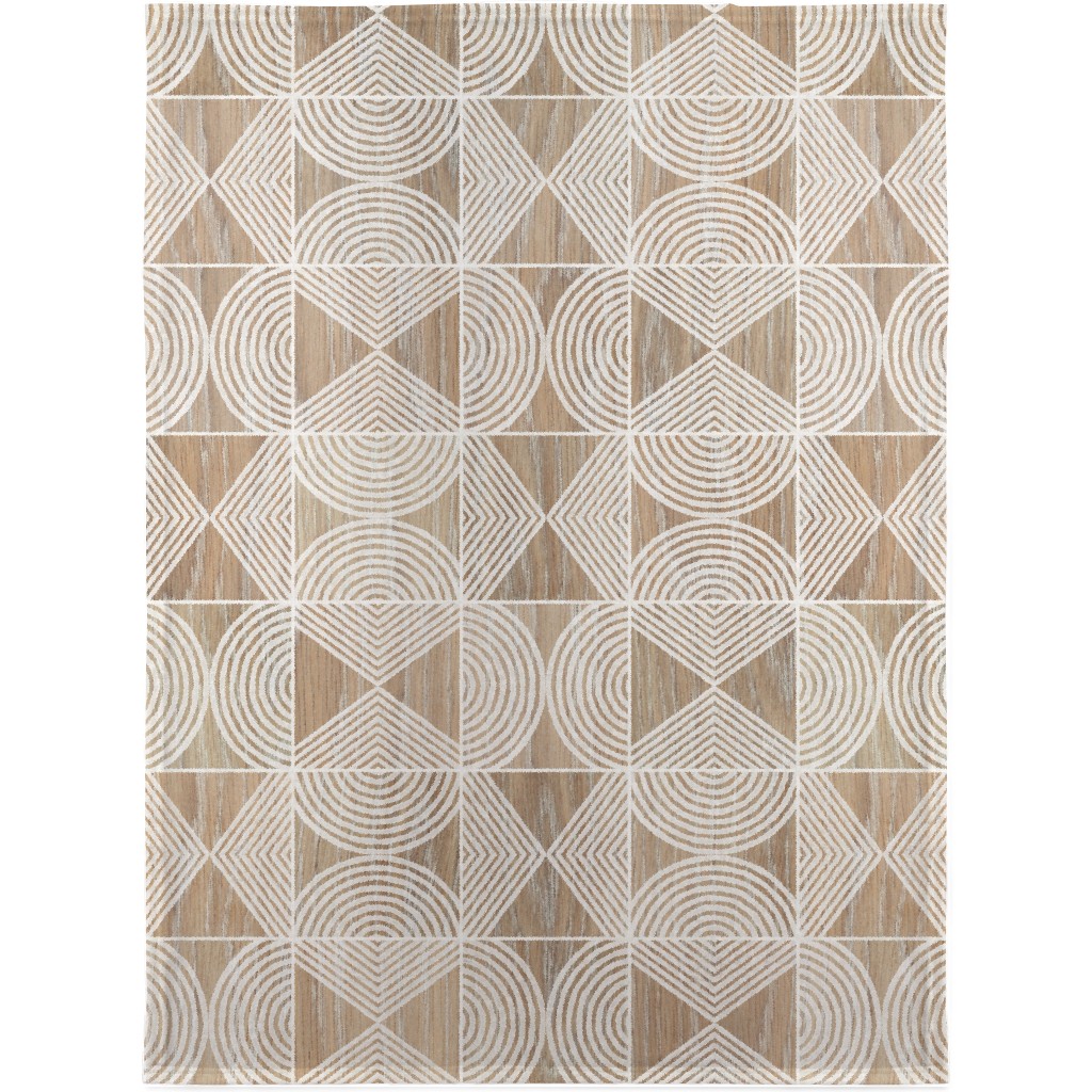 Boho Tribal Woodcut Geometric Shapes Blanket, Fleece, 30x40, Beige