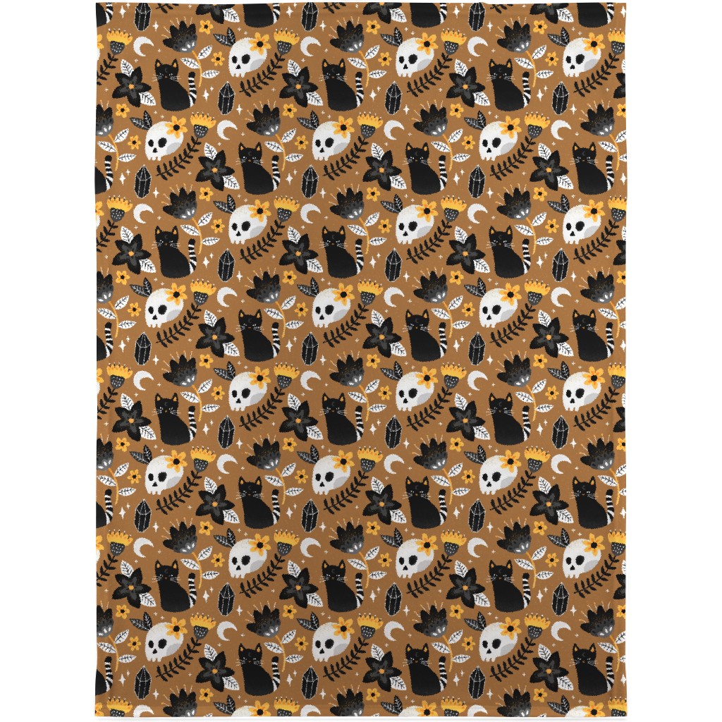 Black Cat & Floral Skull Blanket, Fleece, 30x40, Brown