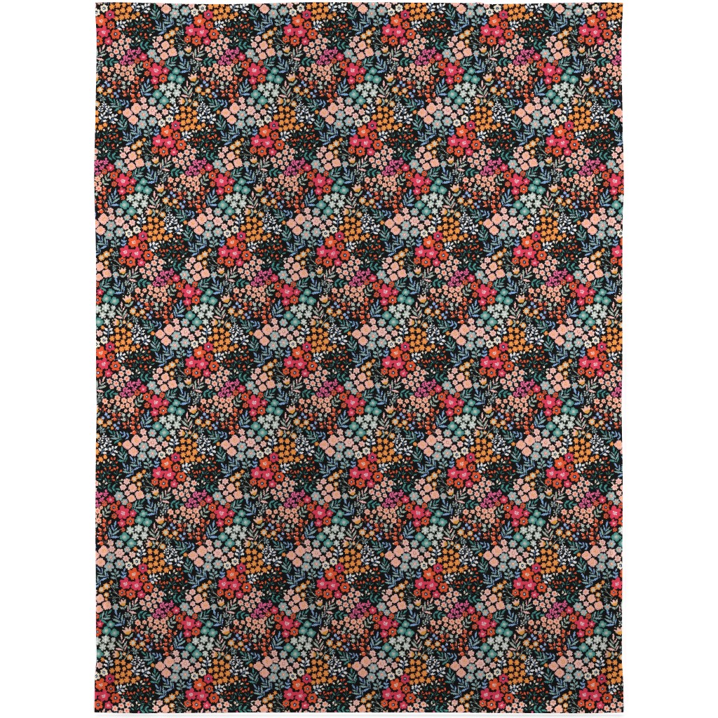 Summer Flower Blanket, Plush Fleece, 30x40, Multicolor, Rich Black