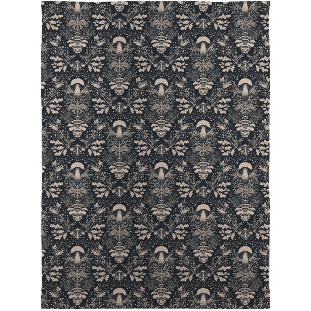 Mushroom Forest Damask - Dark Blanket, Plush Fleece, 30x40, Black, Black
