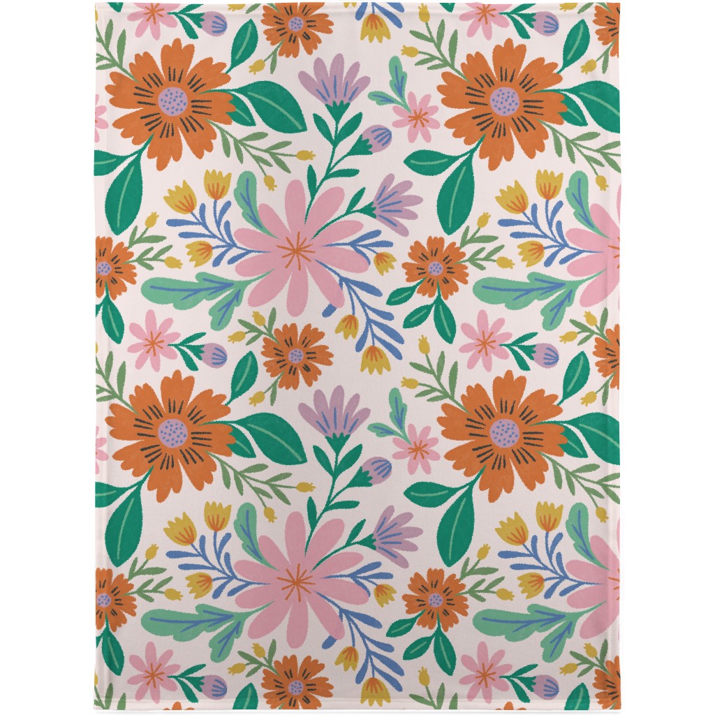Happy Flowers - Multi on Pink Blanket, Plush Fleece, 30x40, Multicolor