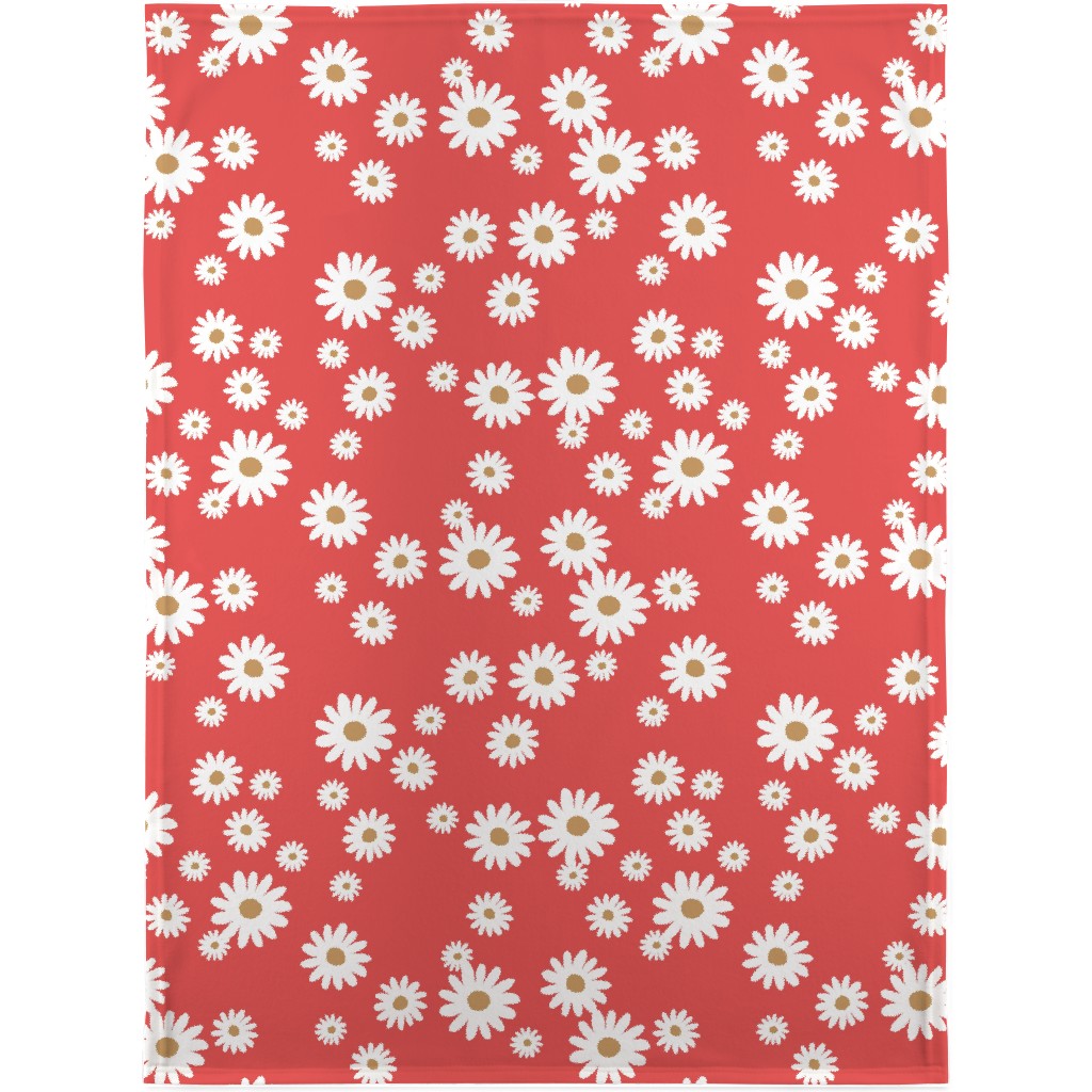 Vintage Daisies - White on Red Blanket, Plush Fleece, 30x40, Red, Red