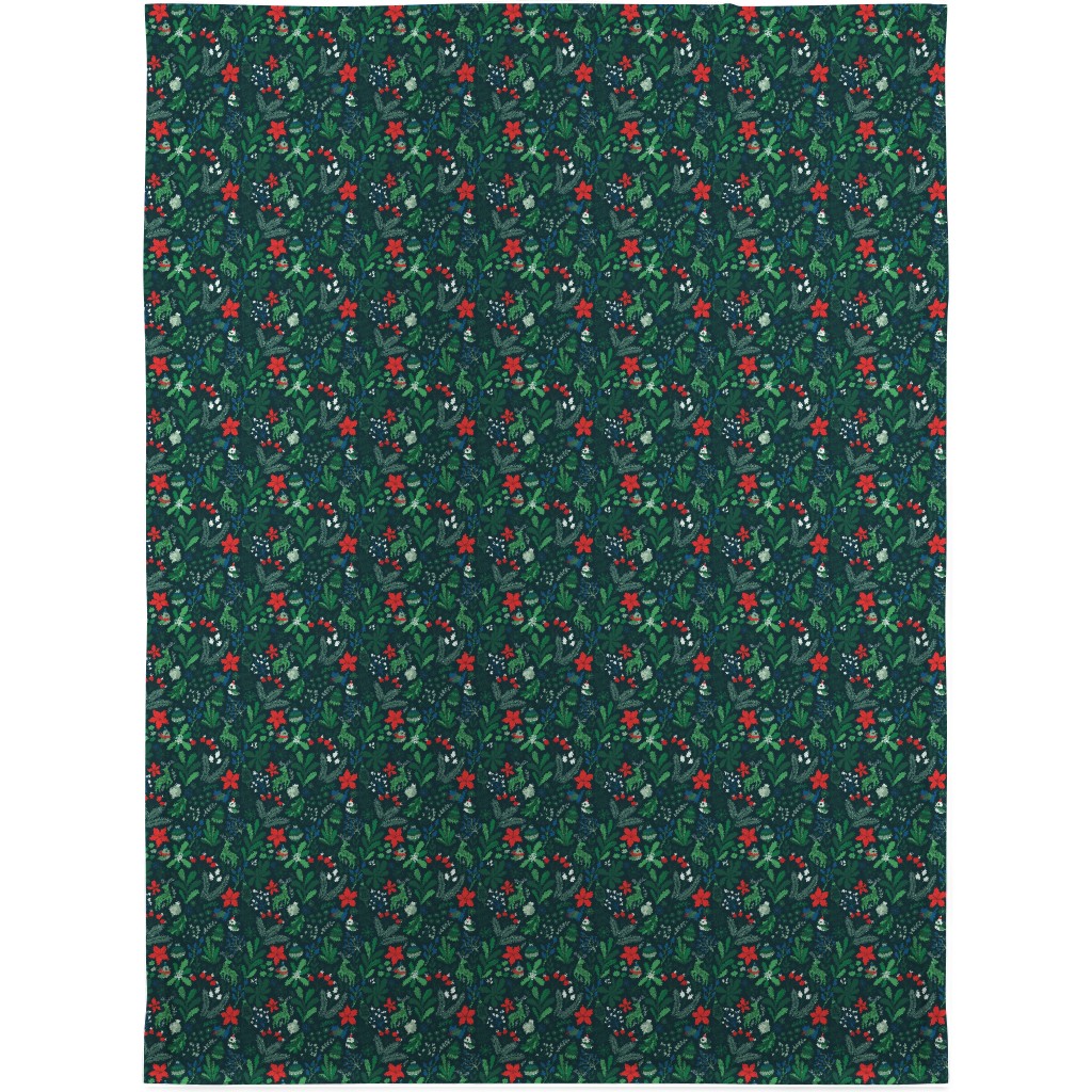 Merry Christmas Floral - Dark Blanket, Plush Fleece, 30x40, Green