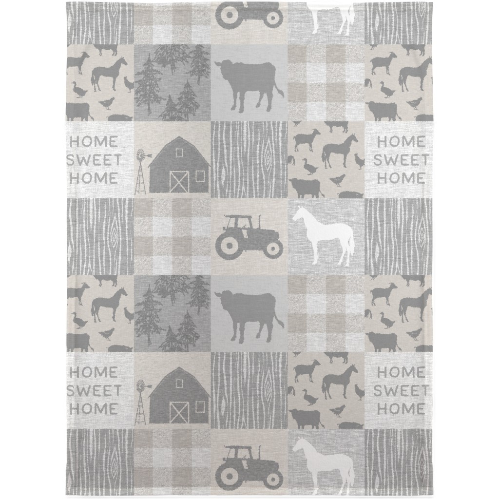 Home Sweet Home Farm - Grey and Cream Blanket, Plush Fleece, 30x40, Gray