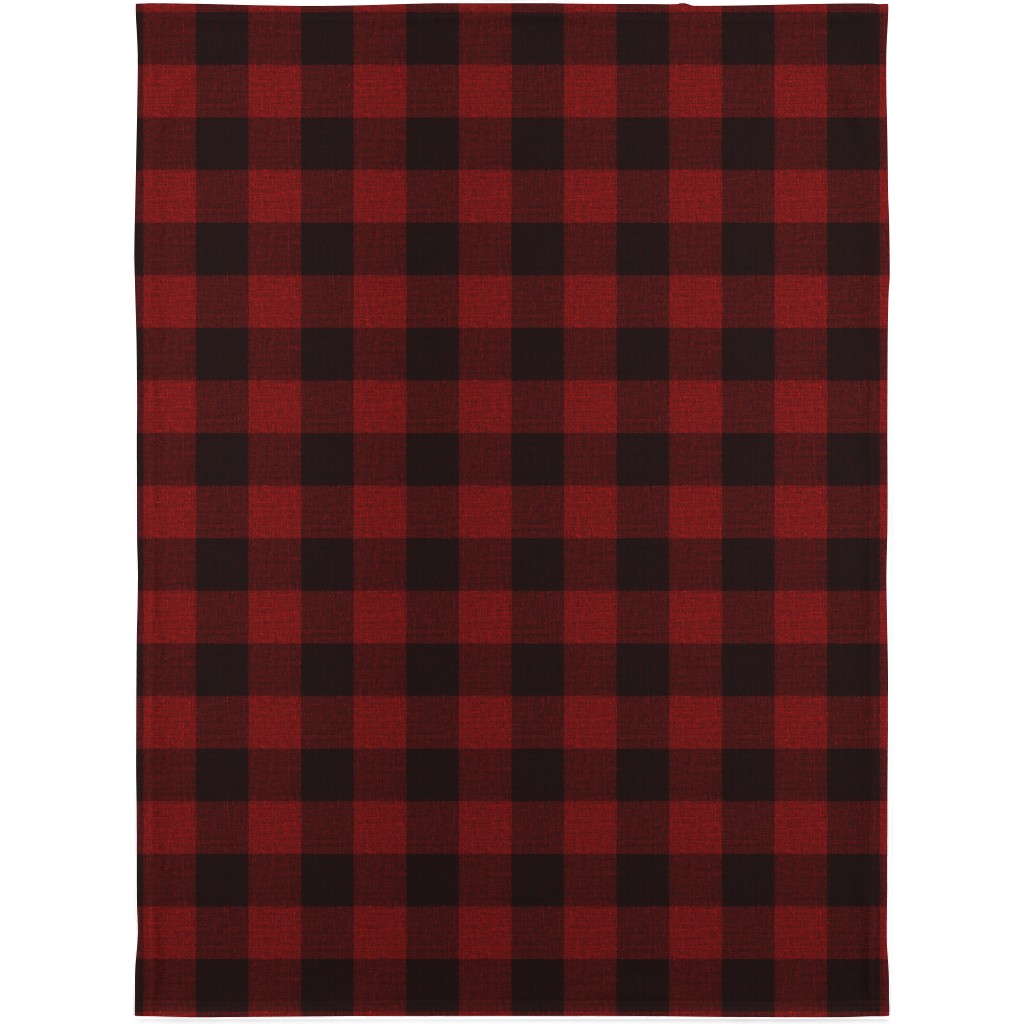 Linen Look Gingham Lumberjack - Red, Black Blanket, Plush Fleece, 30x40, Red, Red