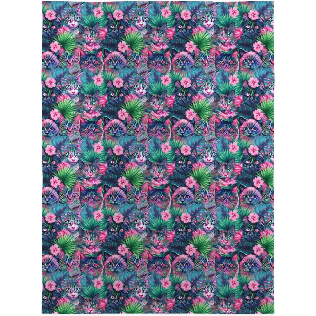 Summer Floral Cats - Multi Blanket, Plush Fleece, 30x40, Multicolor