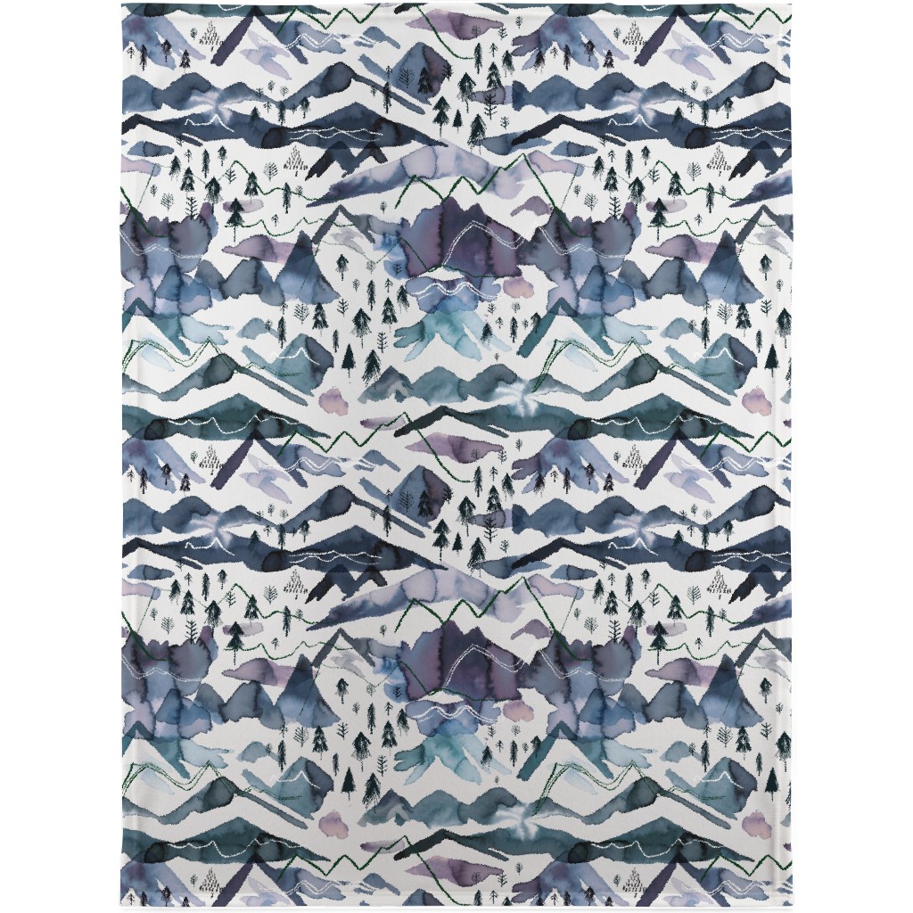 Watercolor Mountains Landscape - Blue Blanket, Sherpa, 30x40, Blue