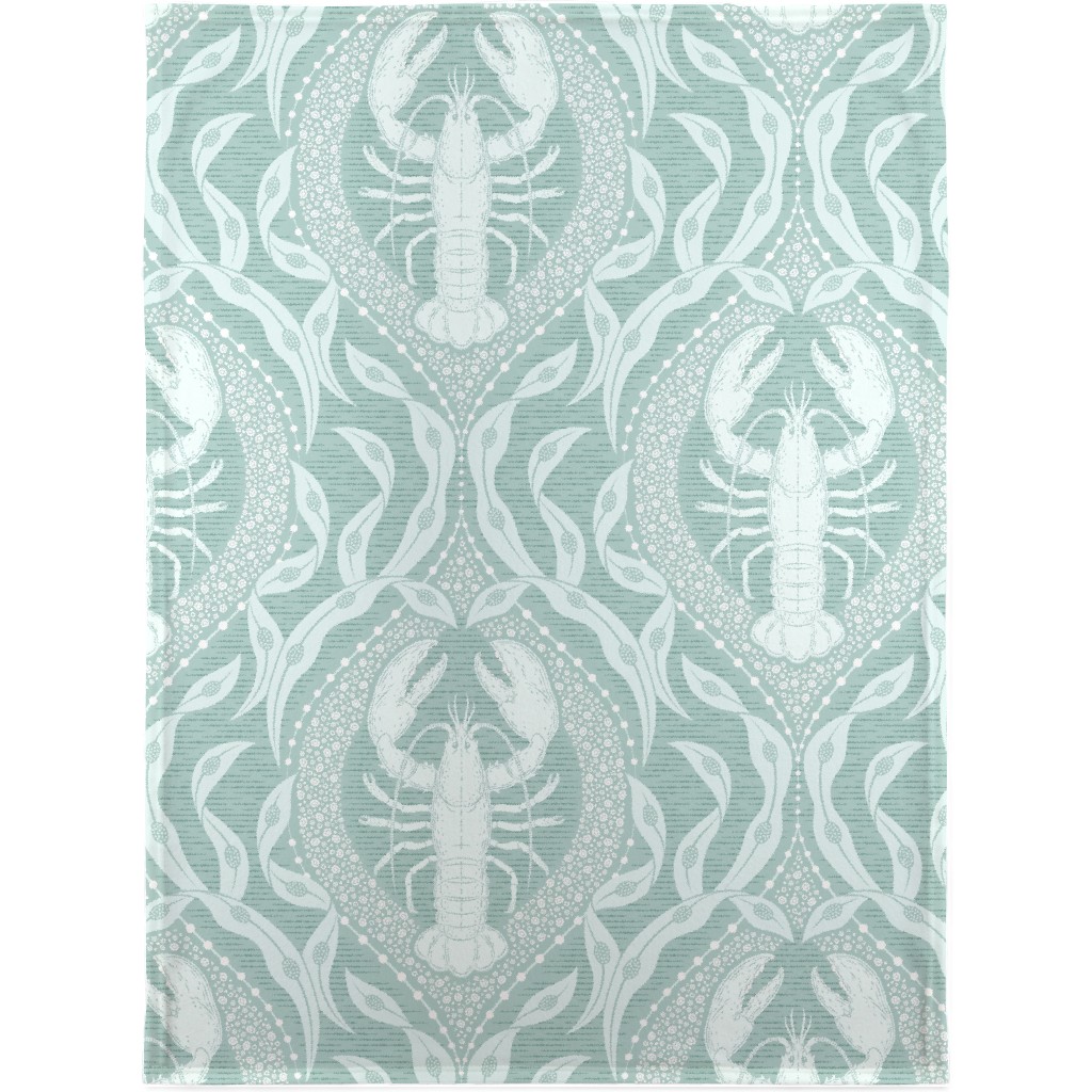 Lobster and Seaweed Nautical Damask Blanket, Sherpa, 30x40, Green