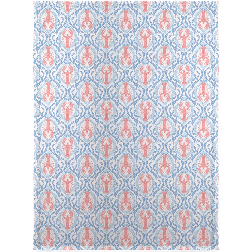 Lobster and Seaweed Nautical Damask - White, Coral Pink and Cornflower Blue Blanket, Sherpa, 30x40, Blue