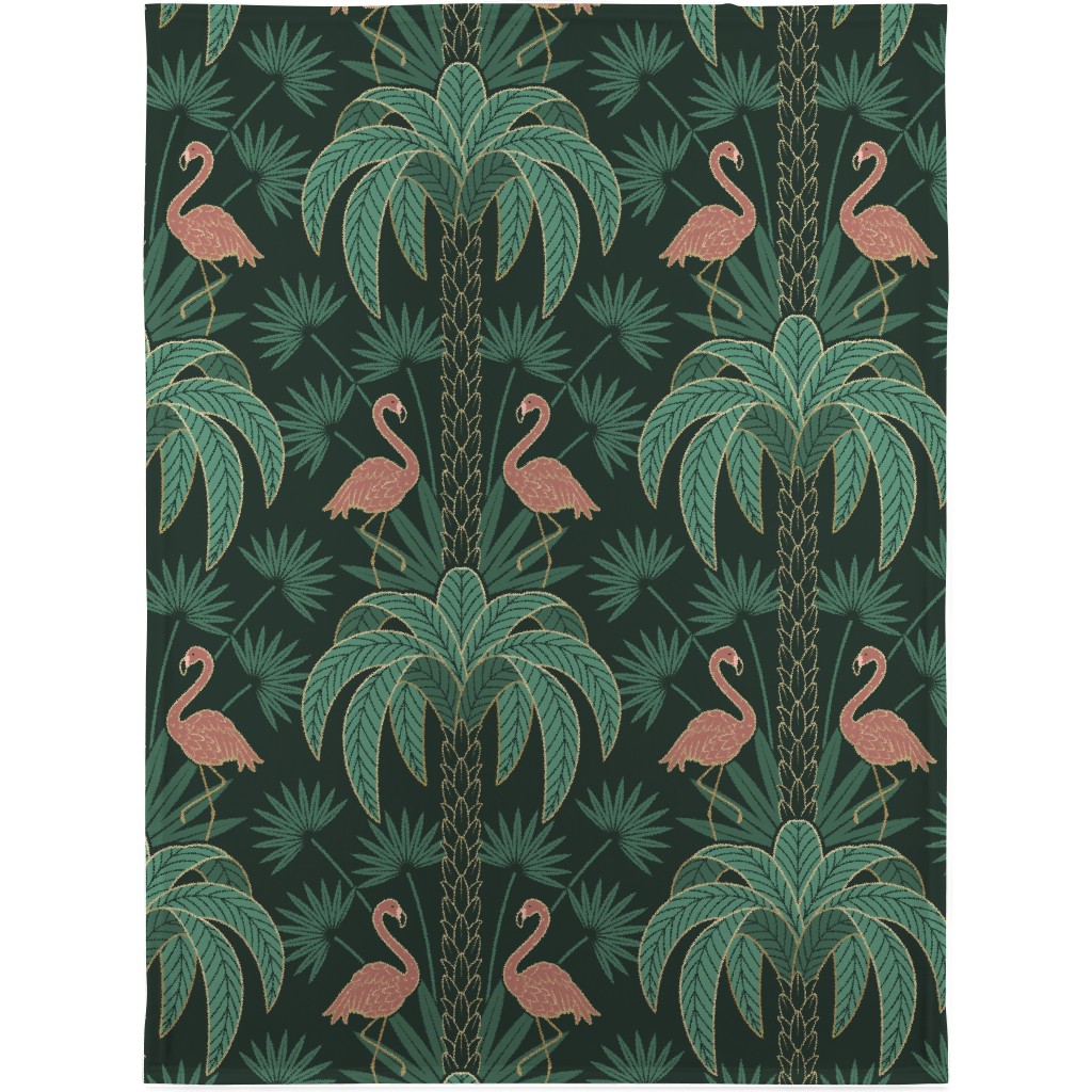 Art Deco Palm Trees and Flamingos Damask - Green and Pink Blanket, Sherpa, 30x40, Green, Classic Green