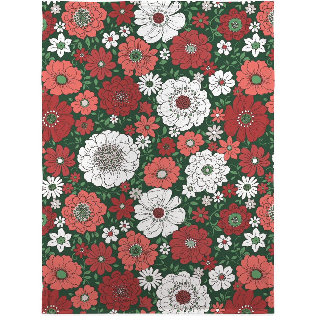Camilla Retro Floral Christmas - Red and Green Blanket, Sherpa, 30x40, Multicolor