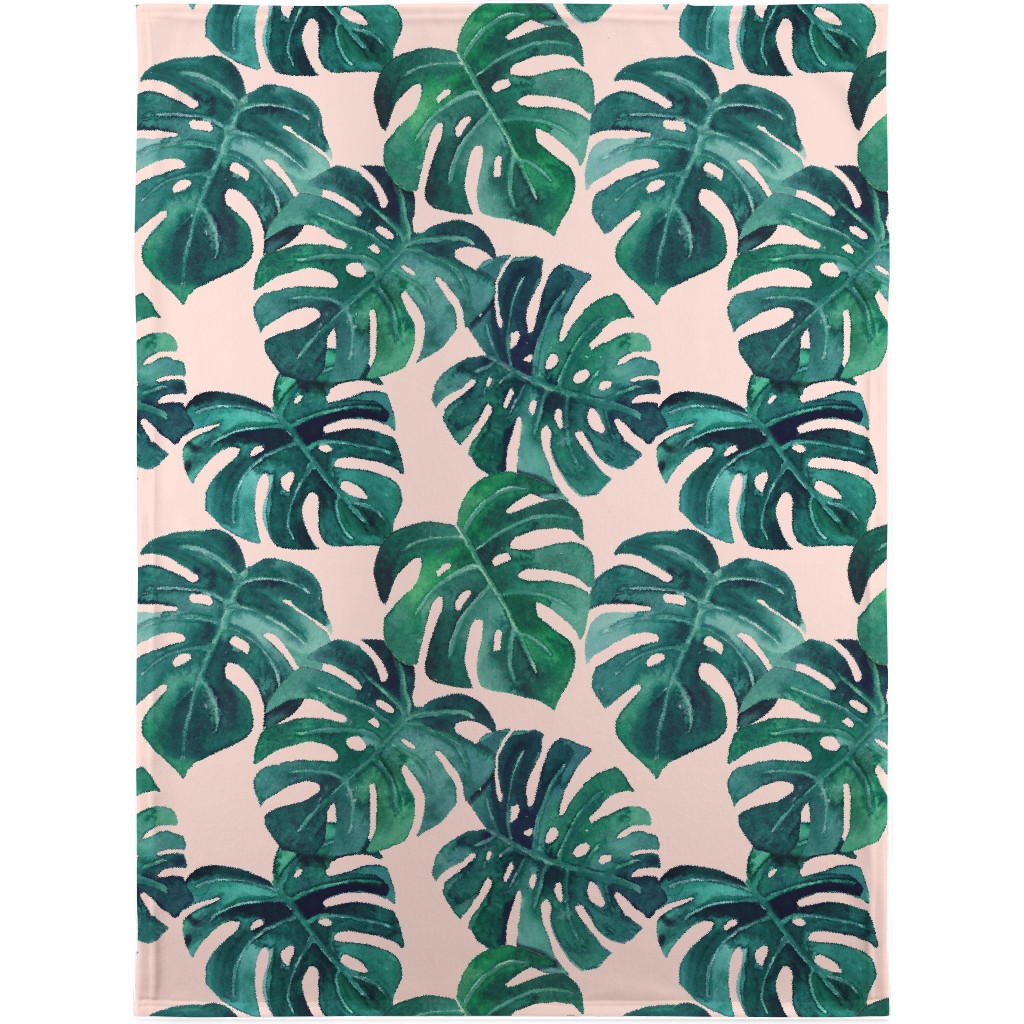Watercolor Monstera Leaves - Green on Blush Pink Blanket, Sherpa, 30x40, Green, Classic Green