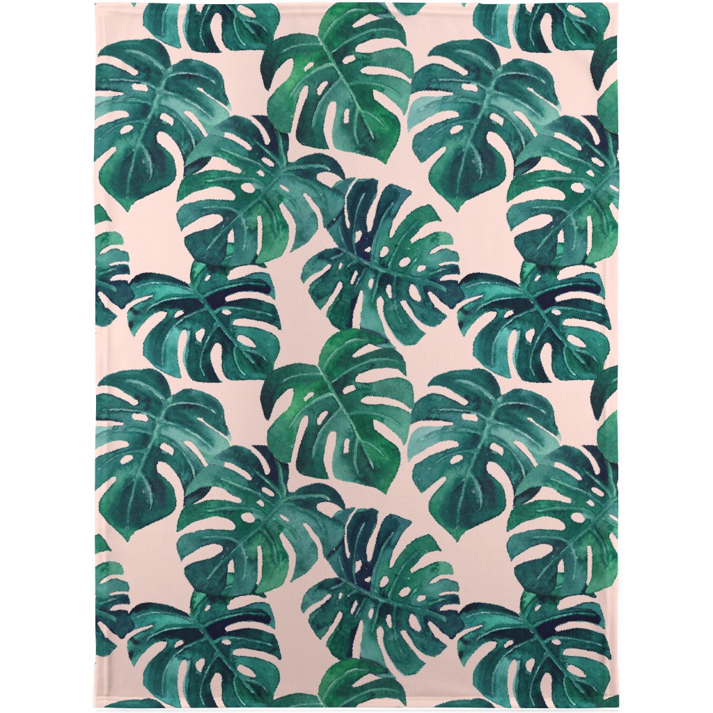 Watercolor Monstera Leaves - Green on Blush Pink Blanket, Sherpa, 30x40, Green