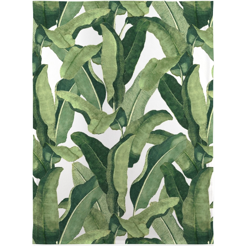 Tropical Leaves - Greens on White Blanket, Sherpa, 30x40, Green