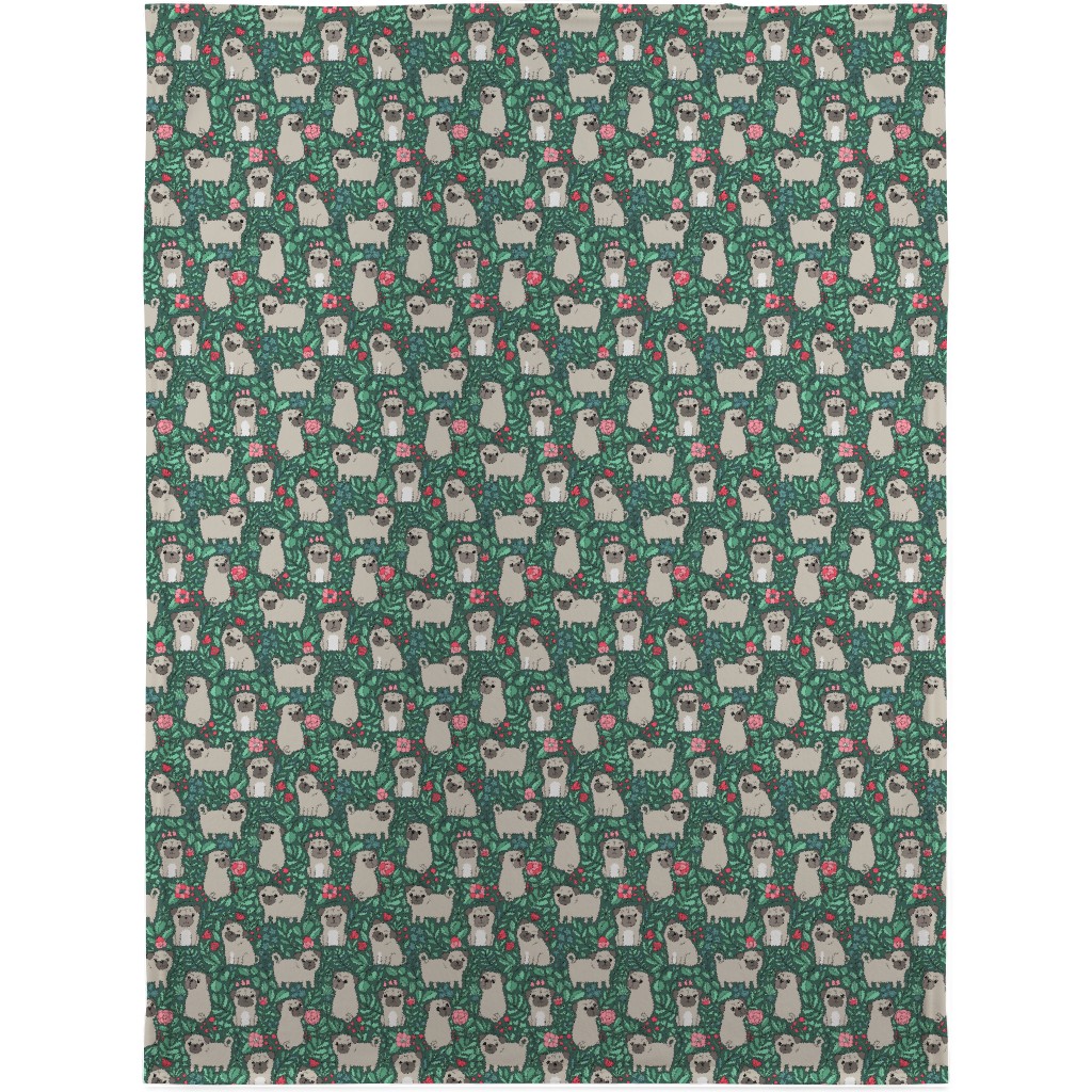 Cute Pugs and Flowers - Multicolor Blanket, Sherpa, 30x40, Green